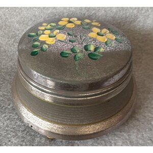 Vintage “Some Enchanted Evening” Powder Puff Music Box Floral Design Gold Silver